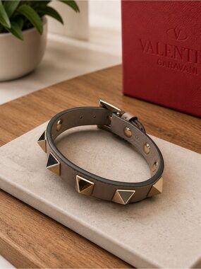 Valentino Garavani Taupe Leather Rockstud Bracelet